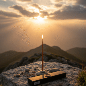Vela encendida sobre una roca en lo alto de una montaña con el fondo de el sol en lo mas alto por encima de un pico elevado