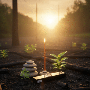 Paisaje quemado por incendio forestal donde empieza a nacer de nuevo la vida con las plantas. en medio una vela encendidacon el sol que amanece en el fondo.