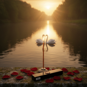 Vela encendida sobre un puente de piedra, donde hay petalos de rosa rojos. de fondo un lago con dos cisnes que entrelazan los cuellos en forma de corazón