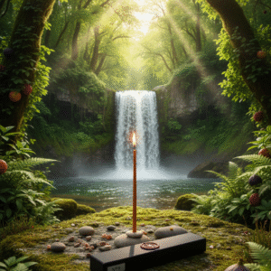 Vela encendida en la naturaleza donde hay una casacada de agua y mucha vegatación de fonfo