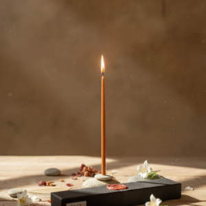 Vela encendida sobre un ambiente agradable beig decorado con flores de jazmín