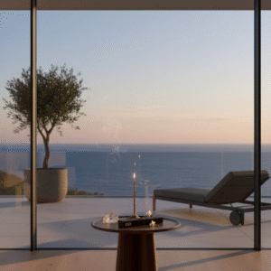 Vela encendida en una casa desde donde se ve el mar a traves de un ventanal