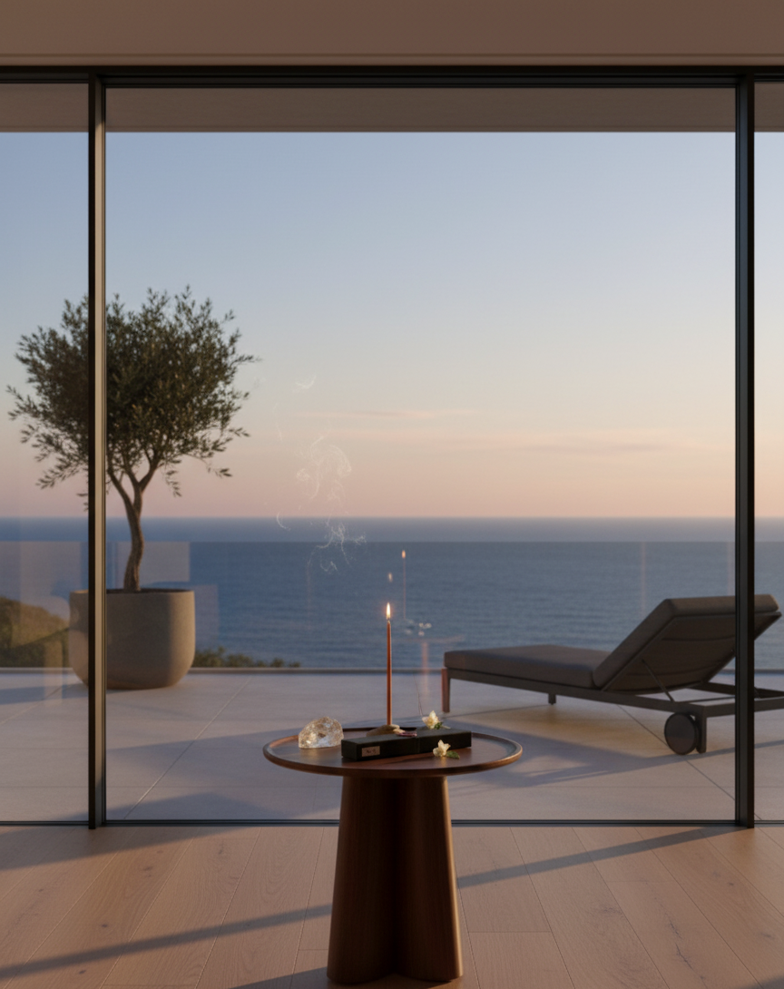 Vela encendida en una casa desde donde se ve el mar a traves de un ventanal