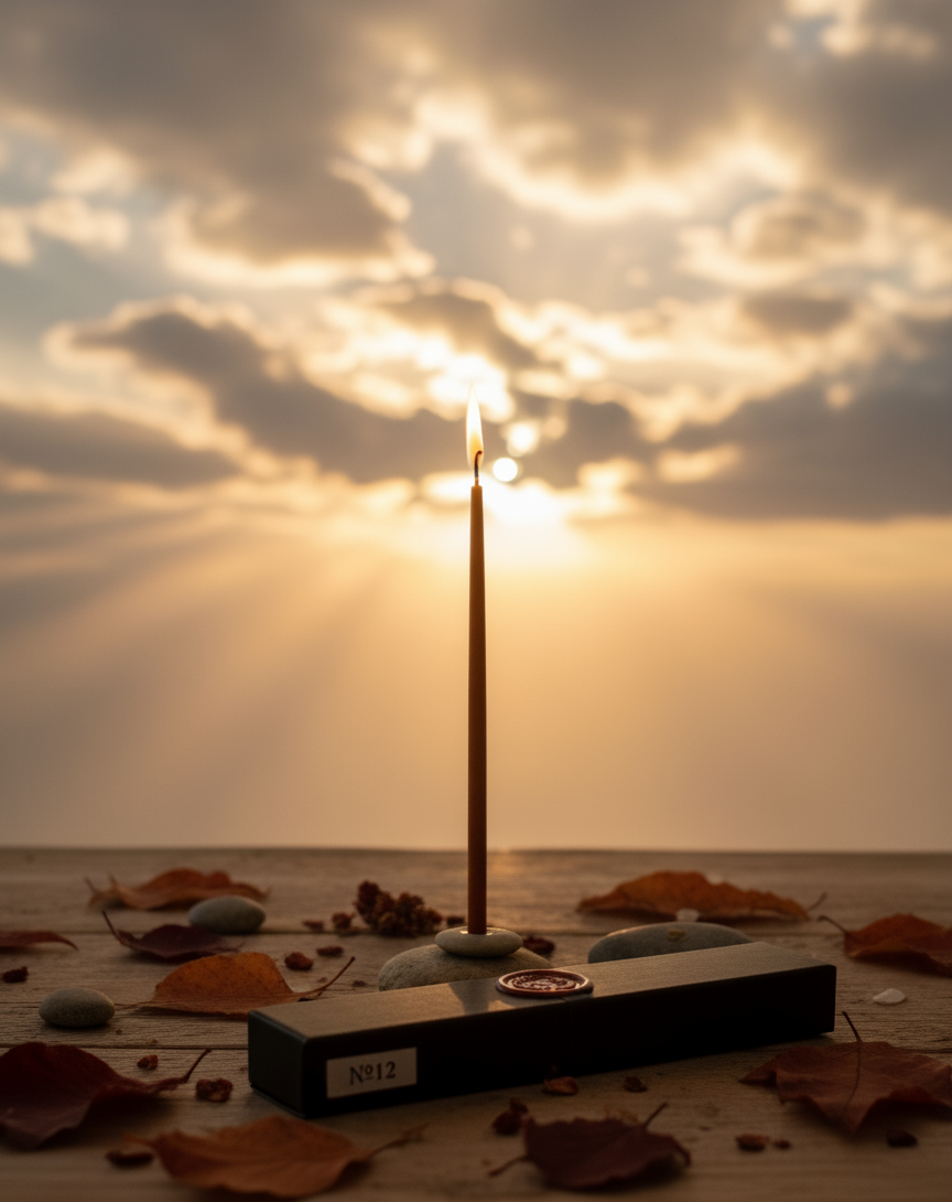 Vela encendida con el cielo de fondo y el sol poniendose que sale de entre las nubes