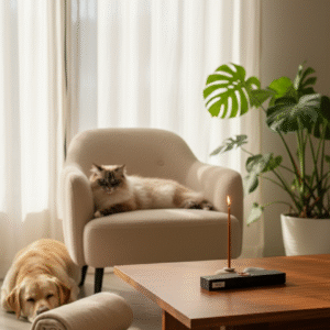 Estancia de una casa donde hay una vela encendida y un perro y un gato d emascotas con una planta de fondo