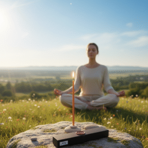 mujer meditando en medio de la naturaleza sentada detras de una vela encendida apollada sobre una roca