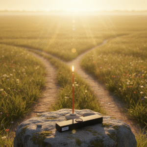 vela encendida sobre una roca de donde salen dos caminos en medio de la naturaleza