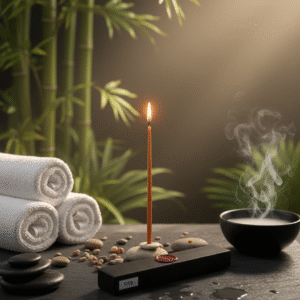 vela encendida en un spa con babú verde de fondo, un cuenco con infusión caliente y toallas enrrolladas con vapor en el ambiente